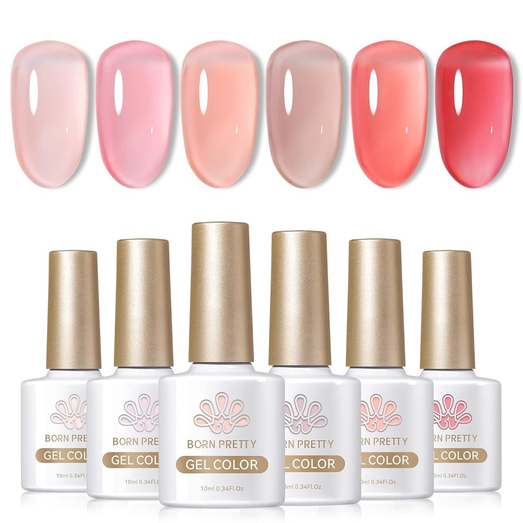 Jelly nail gel polishes in pinks.