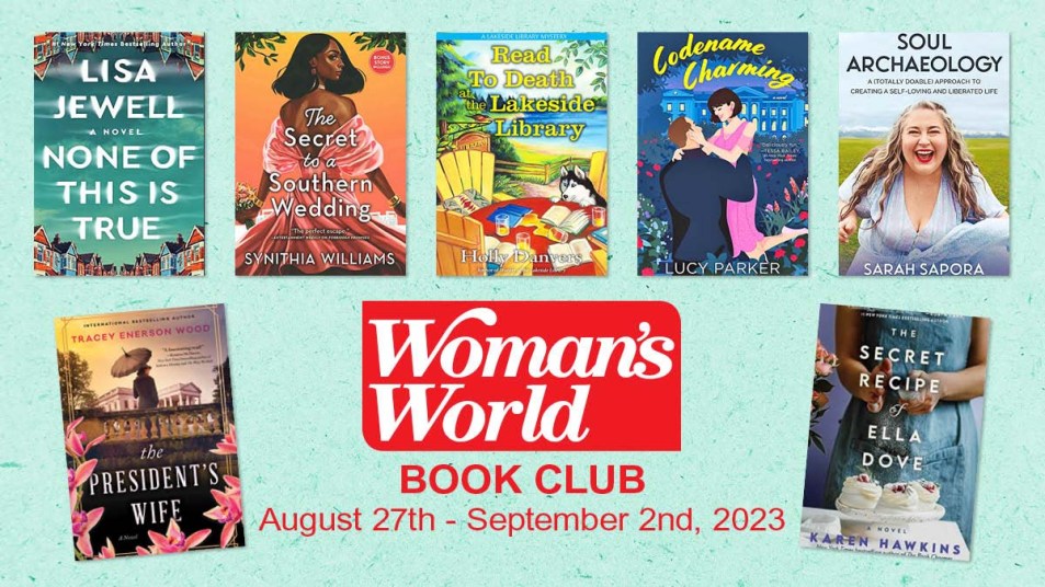Featured image that shows all 7 book covers that are in this article with a Woman's World magazine logo on the middle