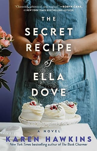 The Secret Recipe of Ella Dove by Karen Hawkins book cover. Woman making cupcakes on the cover in a blue dress.