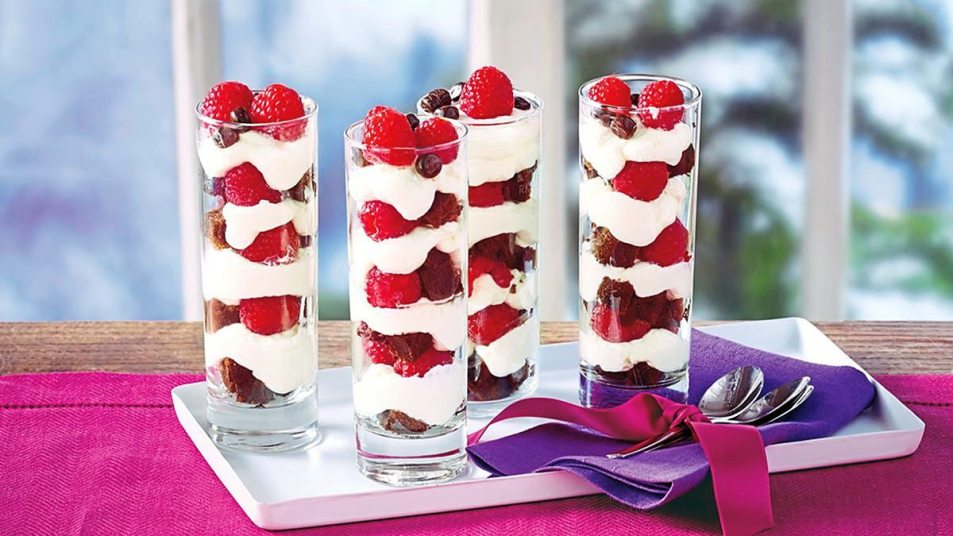 Fruity Brownie Trifles with cherries and raspberries