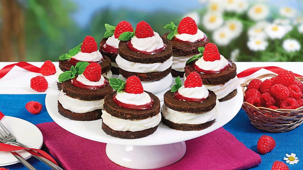 Brownies ‘n’ Cream Stacks with Cherry-Berry Sauce