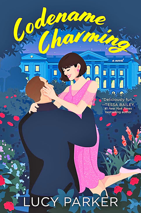 Book cover of Codename Charming by Lucy Parker. We see a man and a woman embracing in a hug in front of a large estate home