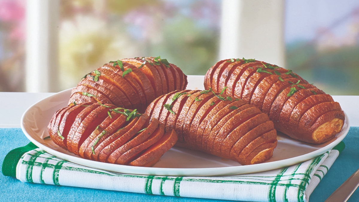 Chili spiced hasselback sweet potatoes