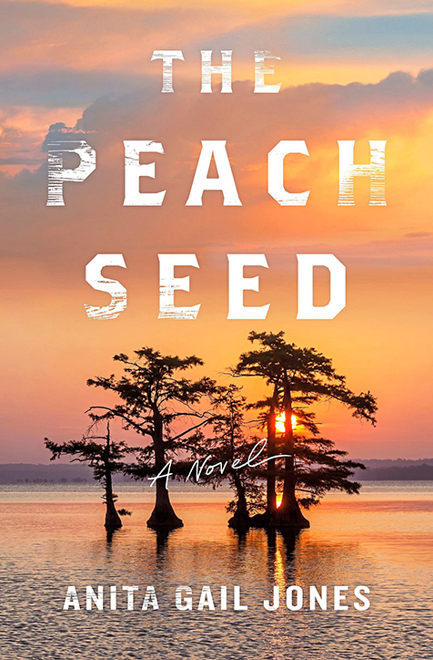 Book cover of The Peach Seed by Anita Gail Jones which shoes two trees and a coastal backdrop set amidst a tangerine sunset WW book club