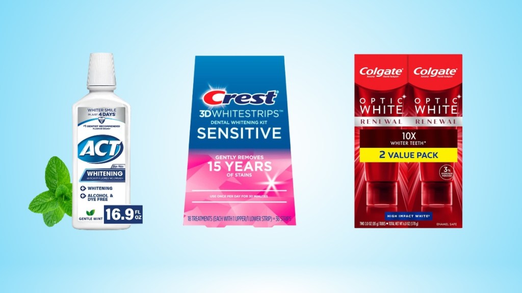 Collage of products for teeth whitening for sensitive teeth.