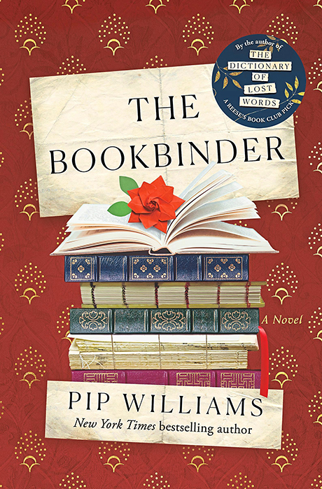 Book cover of The Bookbinder by Pip Williams that shows a stack of illustrated books with a rose on the top book