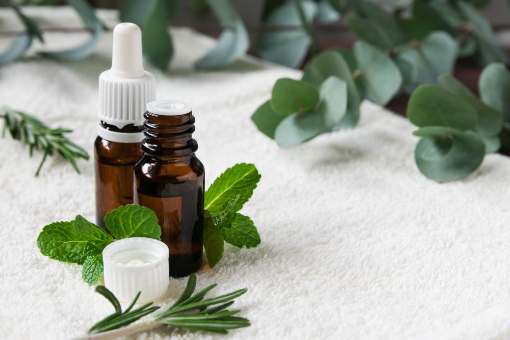 mint and rosemary leaves and essential oil bottles