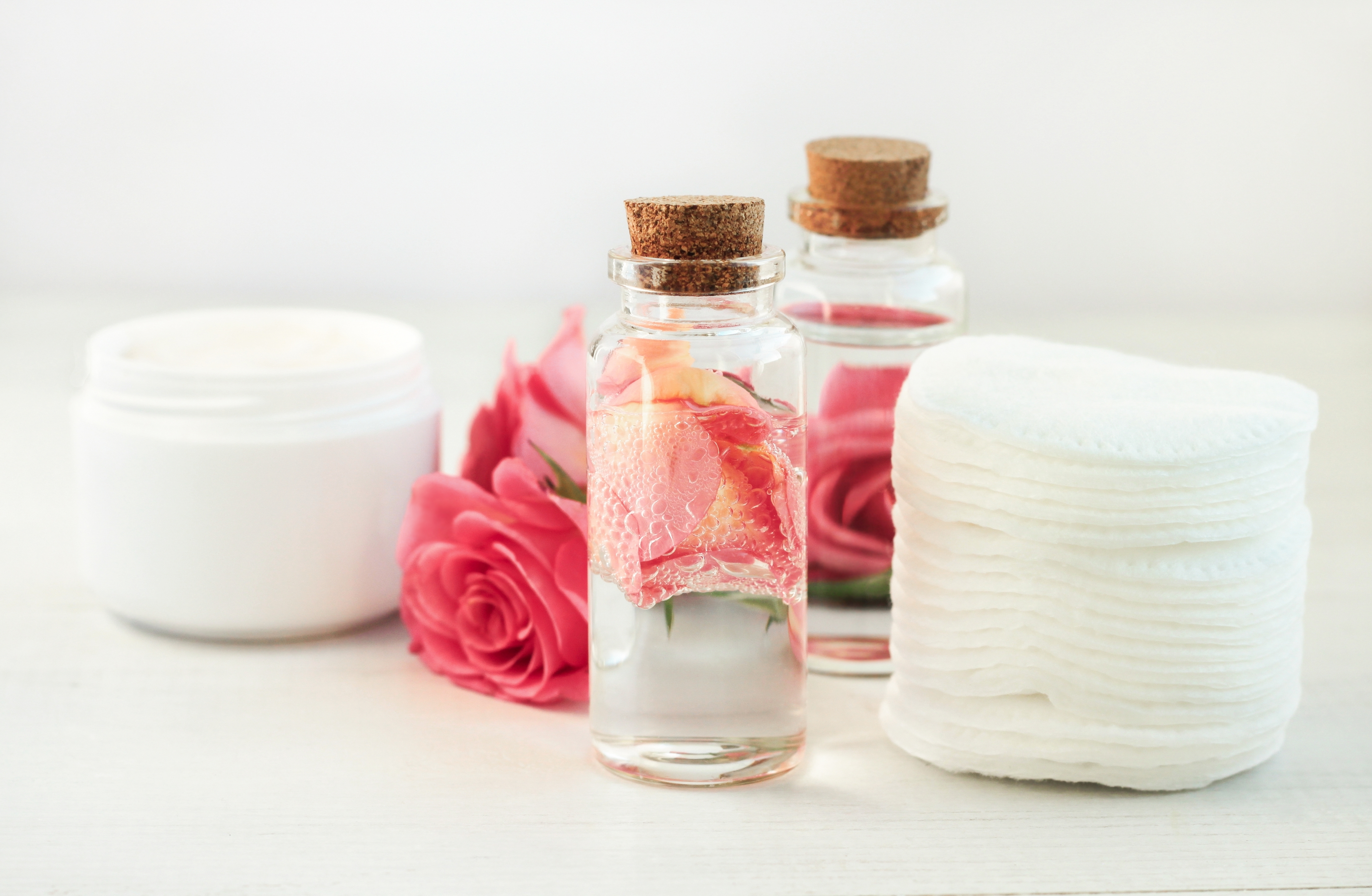 Rosewater facial toner in a glass bottle