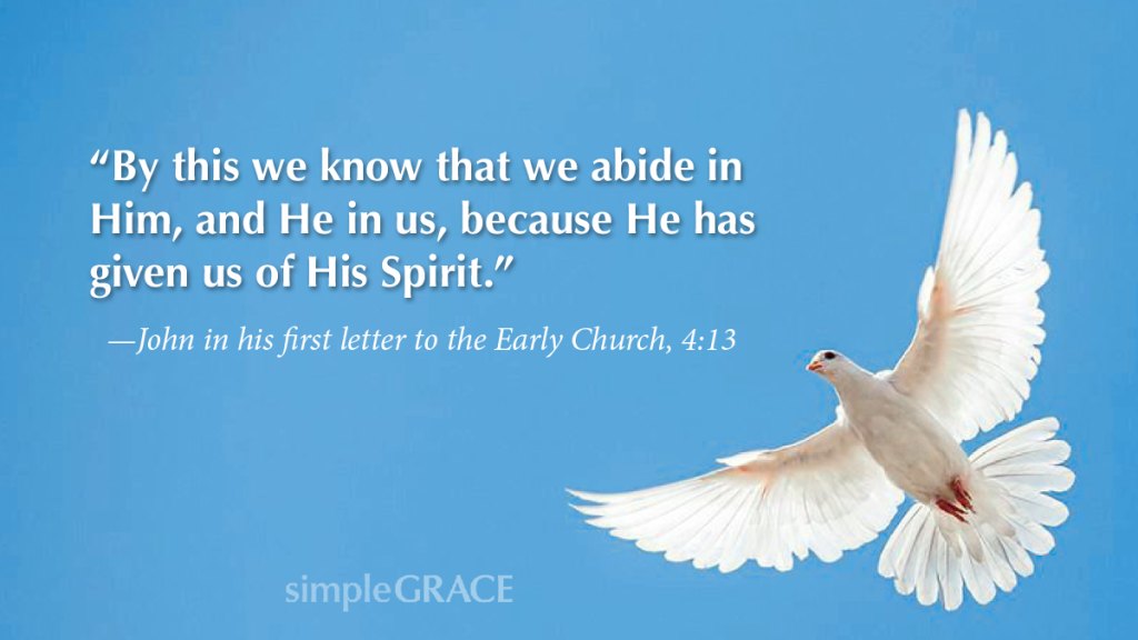 A dove flying through the sky with the verse 1 John 4:13 to help with loneliness