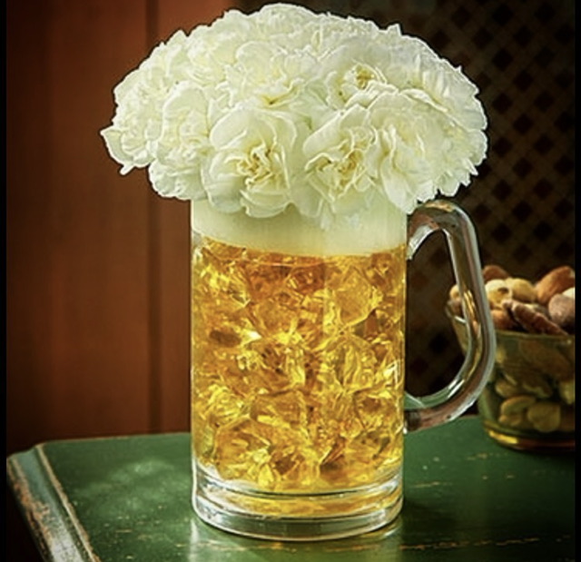 Beer mug bouquet with white flowers