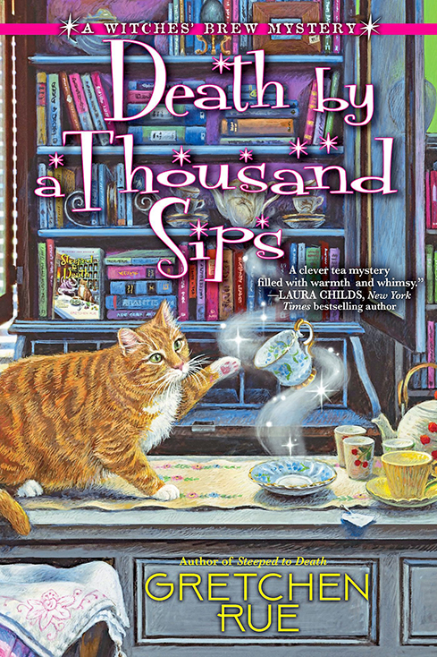 WW Book Club: Book cover of Death by a Thousand Sips by Gretchen Rue. Image shows a cute cat and a magically floating teacup in front of a bookshelf 