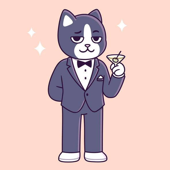 Tuxedo cat cartoon character. Funny cat in black tie suit holding martini glass. Cute vector illustration.