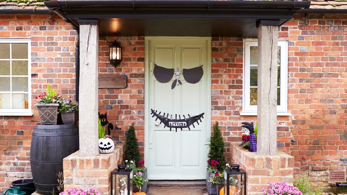 A door decorated for Halloween