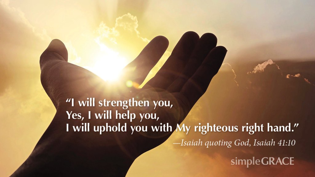 A large hand that seems to be holding up the sun and the verse Isaiah 41:10