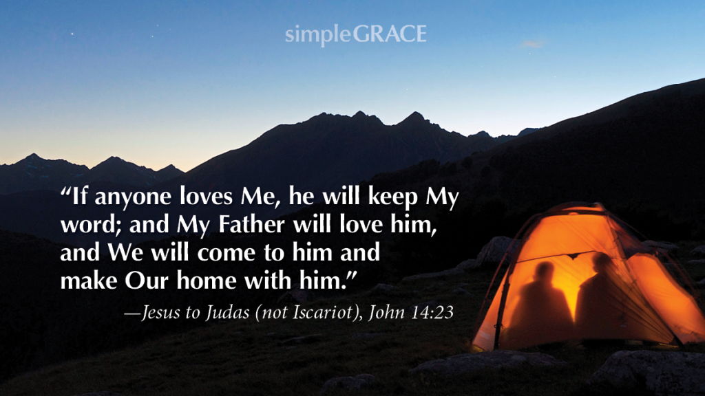 A tent with two people silhoetted inside and the bible verse John 14:23