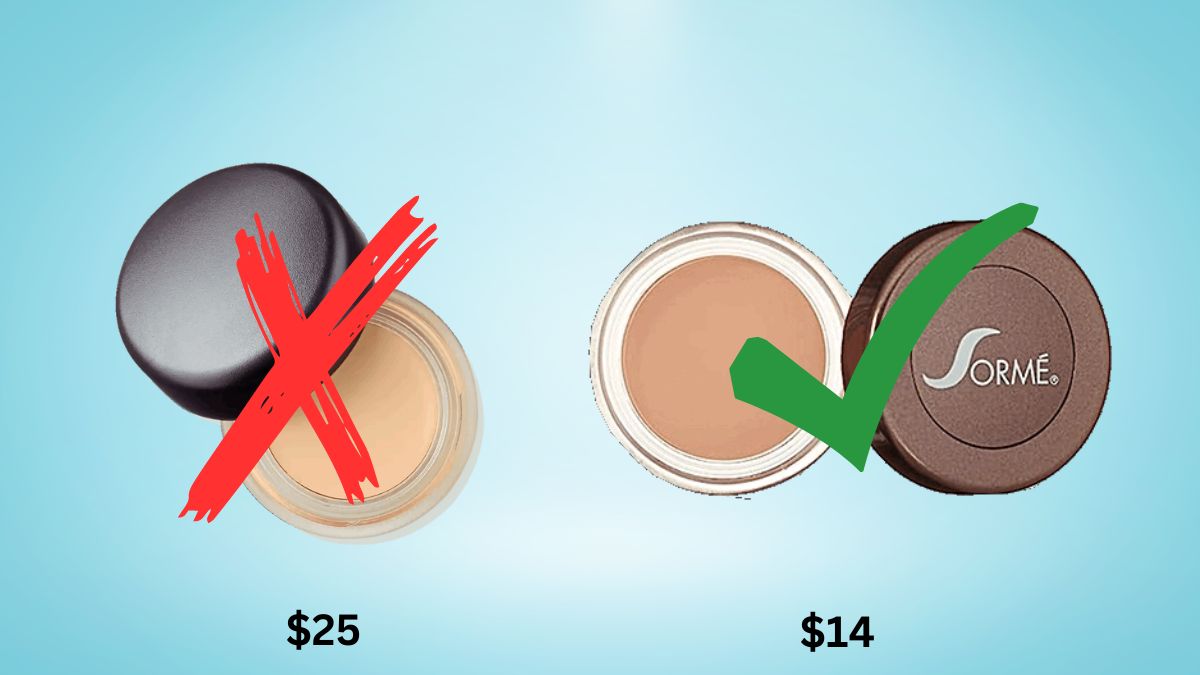 A comparison between MAC Pro Longwear Paint Pot Eyeshadow in Soft Ochre and Sormé Treatment Cosmetics Under Shadow Primer; the Sormé product is a makeup dupe for the MAC product