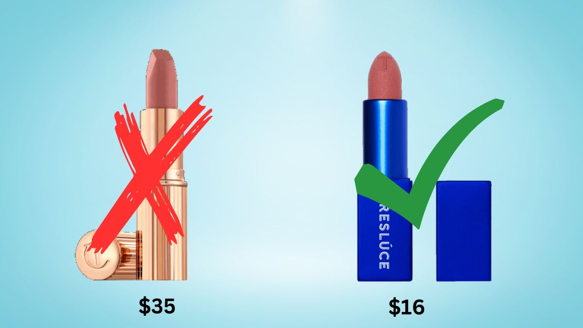 A comparison of Charlotte Tilbury Pillow Talk Lipstick and Treslúce Beauty Empower Me Matte Lipstick in Nudey Pink; the Treslúce product is a makeup dupe for the Charlotte Tilbury lipstick