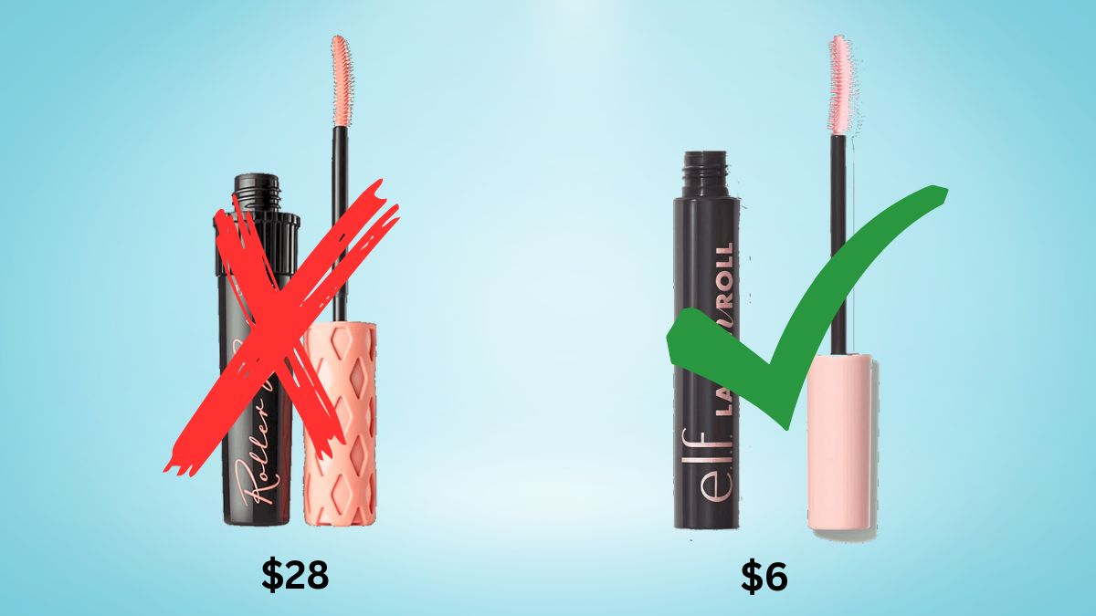 A comparison between Benefit Roller Lash Curling Mascara and e.l.f. Lash ‘N Roll Mascara; The e.l.f. product is a makeup dupe for the Benefit mascara