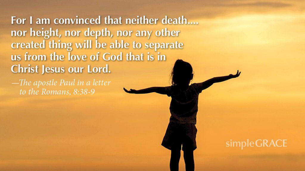 Silhouette of a little girl celebrating the sunrise with the text from Romans 8:38-9, a bible verse for loneliness