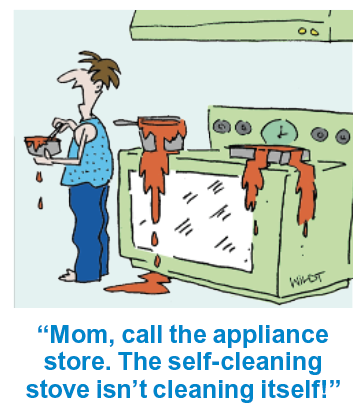 Mom jokes: A kid stands at the oven waiting for his mom to come and fix his mistake 