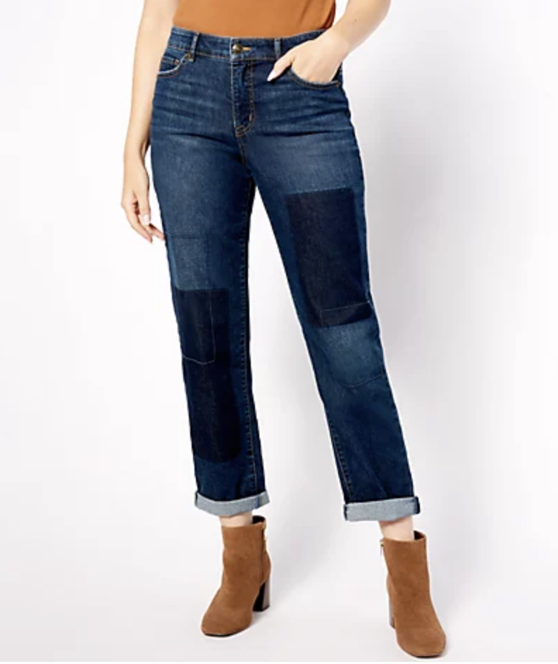 LOGO by Lori Goldstein Regular Shadow Patch Boyfriend Jeans