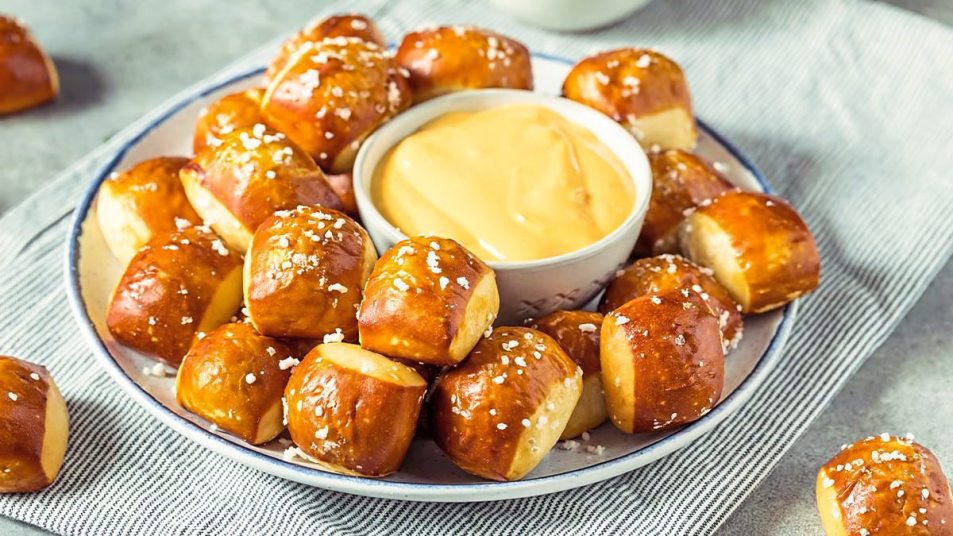 Pretzel Nuggets sits on a white plate (air fryer appetizers )