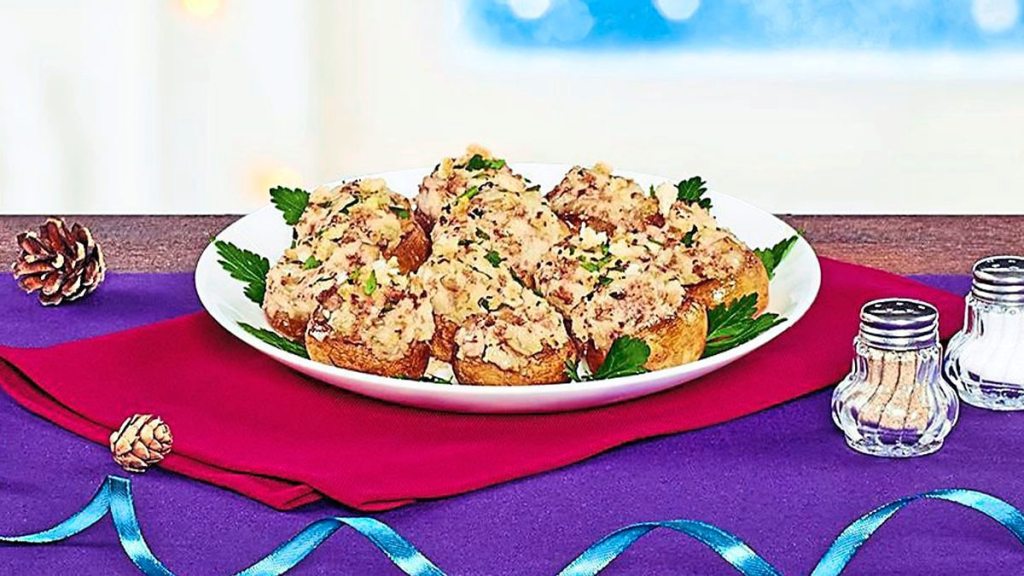 Savory Stuffed Mushrooms sits on a purple table cloth (air fryer appetizers)