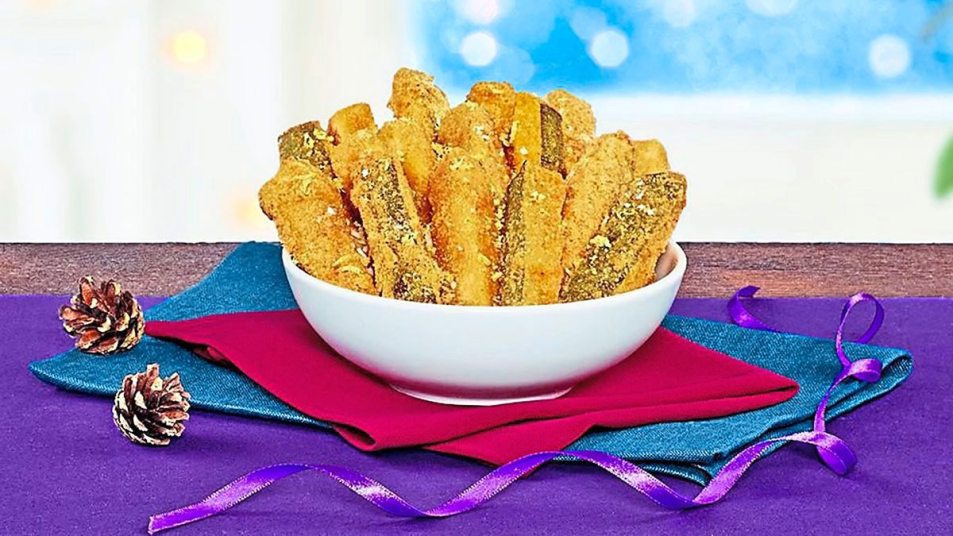 Crouton-Crusted Zucchini Sticks sits on a purple table cloth (air fryer appetizers)