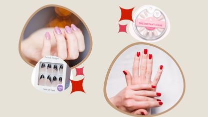 An image featuring manicured nails and at-home nail kits from brands like KISS and Olive and June for women over 50.