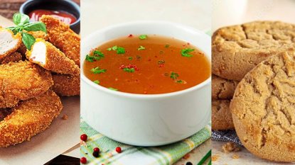 Breaded fish, bone broth, and peanut butter cookies