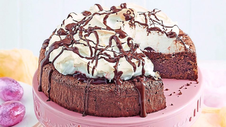 Flourless Chocolate Hazelnut Cake sits on a pink cake stand