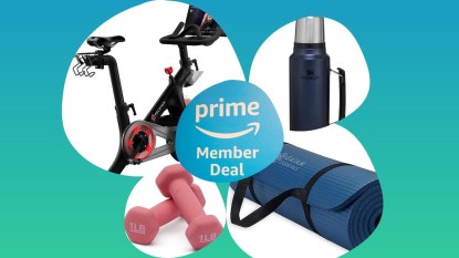 Photos of fitness gear including a Peloton bike, Stanley water bottle, Amazon weights, a yoga mat, and the Amazon Prime logo for Prime Big Deal Days 2023.