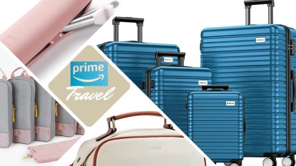 A collage of travel items on sale during Amazon Prime Big Deal Days including a travel makeup brush holder, suitcases, compactor bags, and toiletry bags.