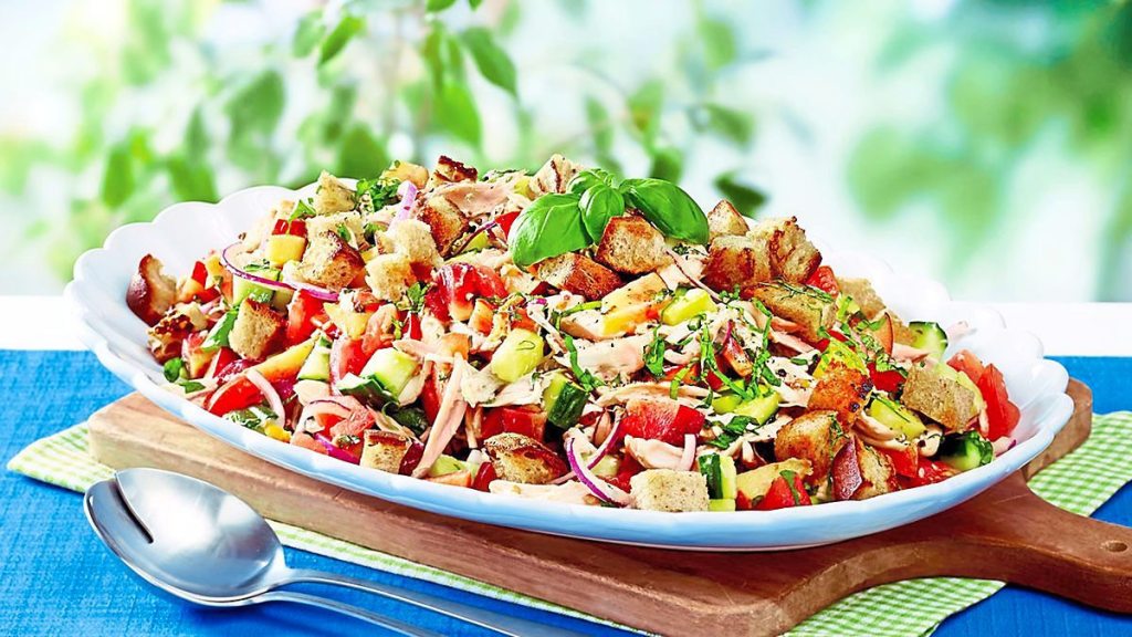 Healthy Rotisserie Chicken , Herbed Summer Panzanella Salad