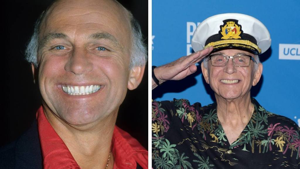 Mary Tyler Moore Cast: Gavin MacLeod  smiles in side by side pics  