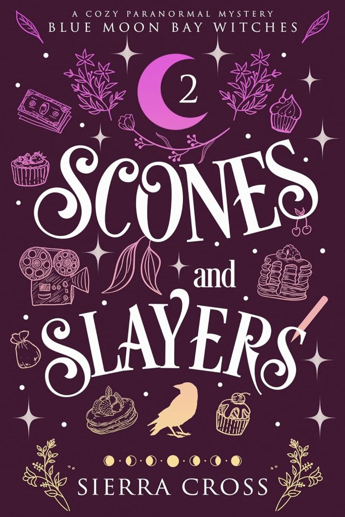 Mystery Romance Books: Scones and Slayers Sierra Cross book cover with Halloween illustrations that look magical and are in purple hues