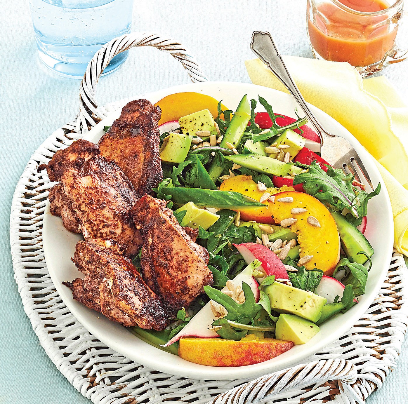 Chicken Thighs with Arugula Peach Salad recipe