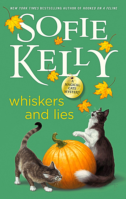 Best Halloween Books: Whiskers and Lies by Sofie Kelly shows a green book cover with a pumpkin and two cats playing