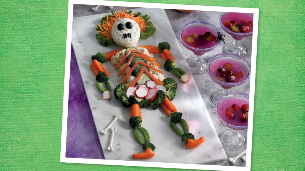 Skeleton Crudité sits looking cute (Halloween dinner ideas)