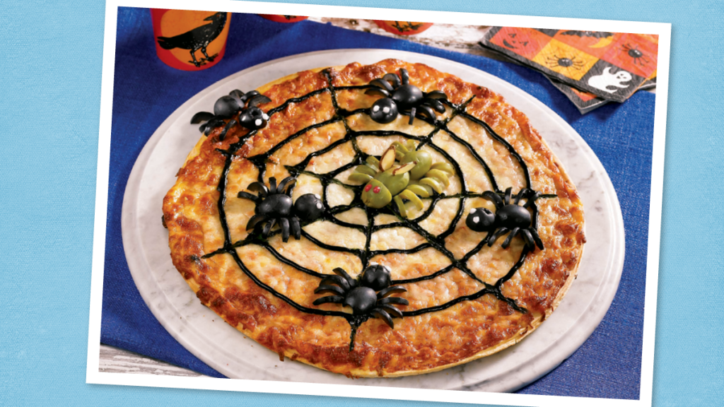 Spooky Spidery Pizza sits look spidery (halloween dinner ideas)