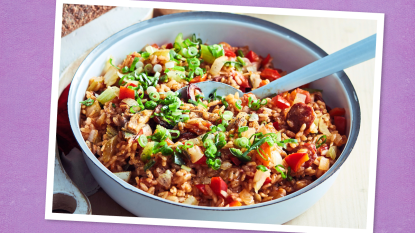 Spicy Jambalaya sits in a bowl (game day slow cooker recipes)