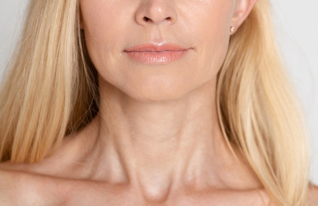 Close up of mature woman with thin lips