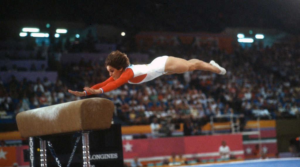 Mary Lou Retton on the vault at the 1984 Olympics