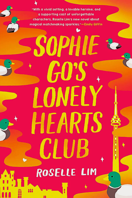 Best loneliness books: Sophie Go’s Lonely Hearts Club
by Roselle Lim book cover that shows the title in golden font on a red-pink background