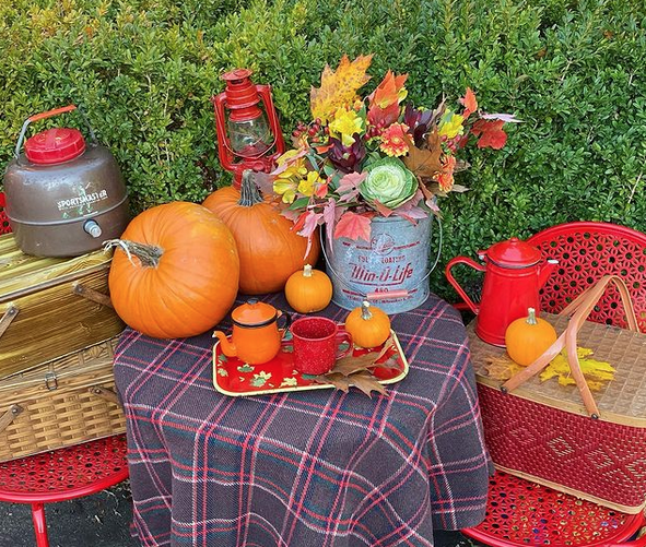 Fall picnic ideas: Set up a fall themed outdoor vignette at your picnic with a tea or sweets "station"