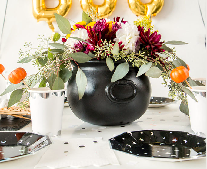 Adult Halloween Party: "Blooming" cauldron filled with autumn florals