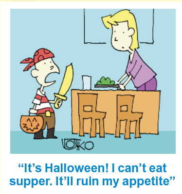 Halloween jokes: A kid tells his mom he cant eat dinner