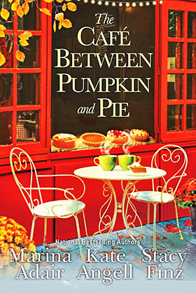 Best loneliness books: The Café Between Pumpkin and Pie  
by Marina Adair book cover that shows a bright orange-red cafe storefront with a small table set with autumnal desserts and mugs of coffee