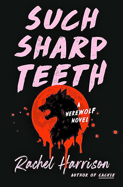 Mystery Romance Books: Such Sharp Teeth by Rachel Harrison book cover shows the title in pink font above a werewolf illustration