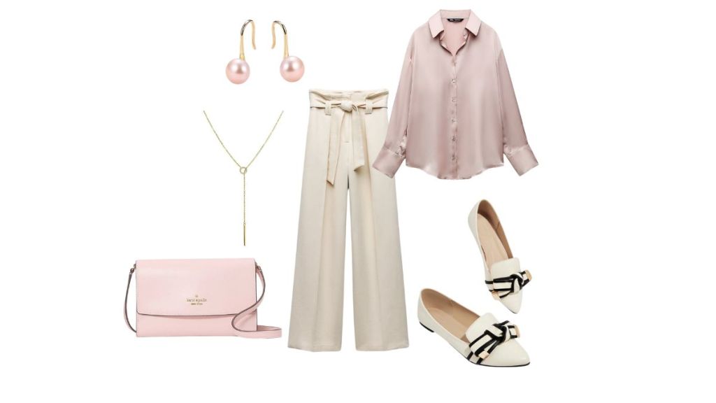 Light pink satin blouse with cream wide leg pants